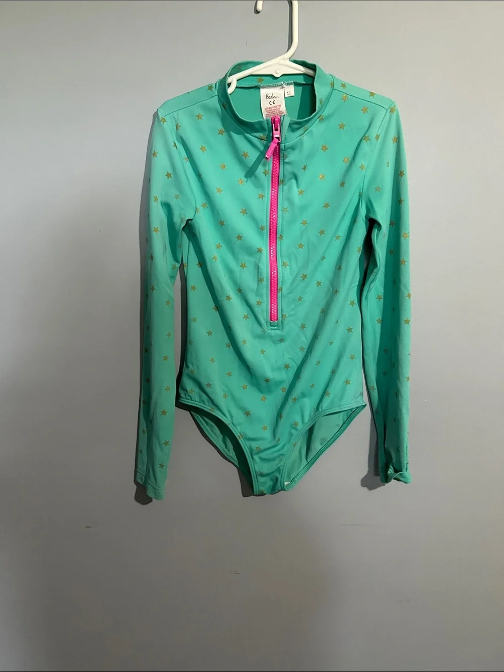 Mini Boden Mint Long-Sleeve Swim Bodysuit with Pink Zip and Gold Stars